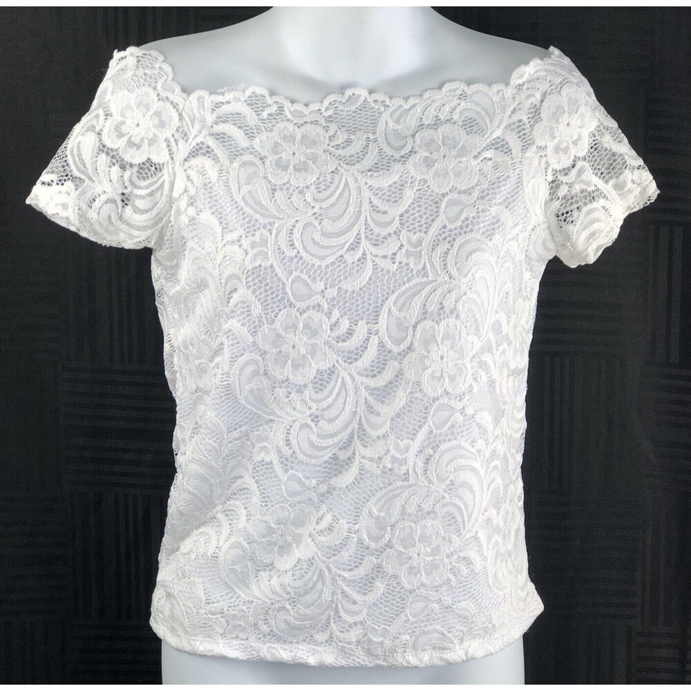 Vintage Lace Top L Jrs Wht Floral Cap Short Sleeve lined Fairy Coquette Romantic
